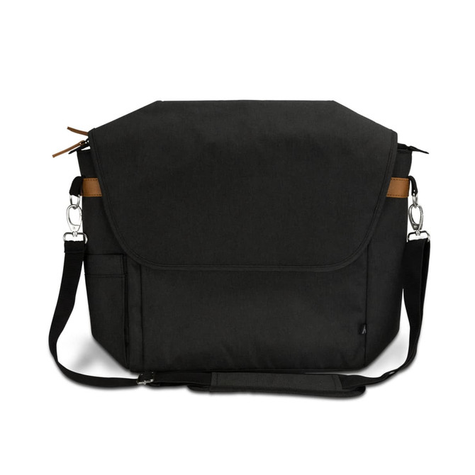 A black messenger bag with brown accents, featuring a flap closure and an adjustable shoulder strap.