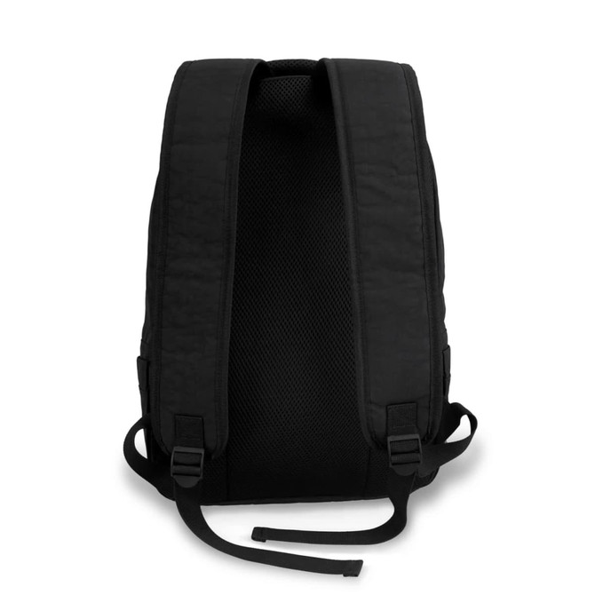 A black backpack with padded shoulder straps and a mesh back panel, featuring adjustable straps and minimalistic design.