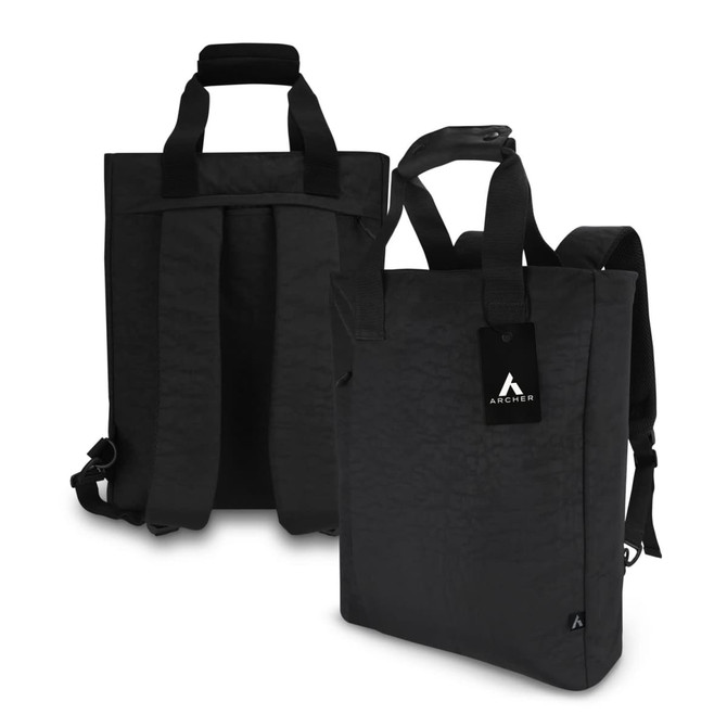 A black tot backpack with dual straps, featuring a logo and a simple, modern design.
