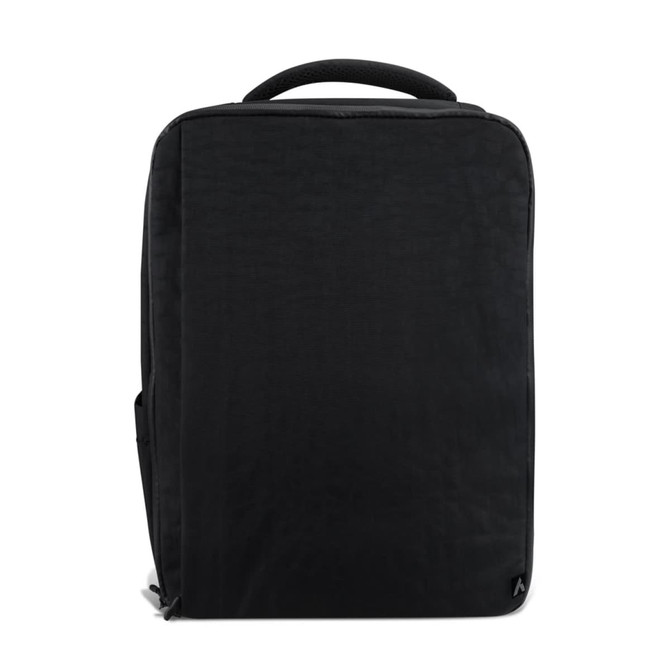 A black travel backpack with a sleek design, featuring a handle and a branding logo on one corner.
