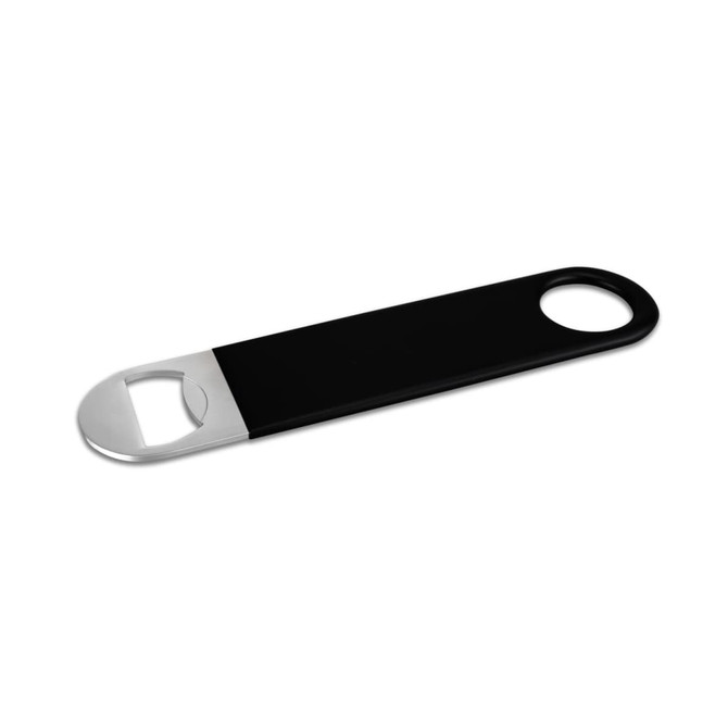 A drink bottle opener in black and silver with a circular handle and a metal bottle-opening end. It features a logo.