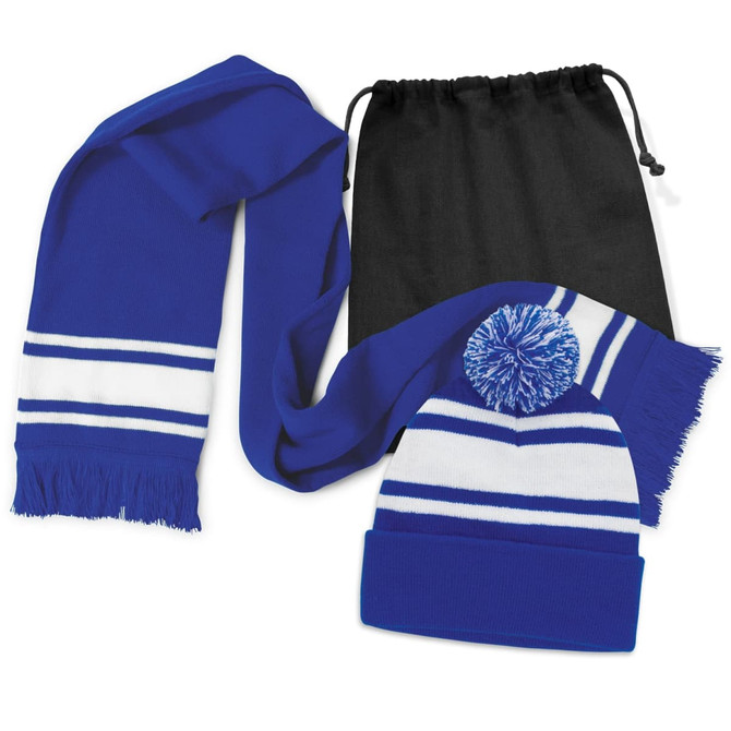 A blue and white scarf and beanie set with a pom pom, packaged in a black drawstring bag.