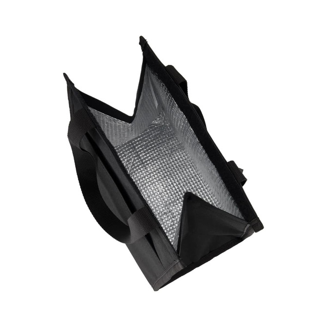 A black cooler bag with a silver insulated interior and handles for easy carrying. It has branding present.