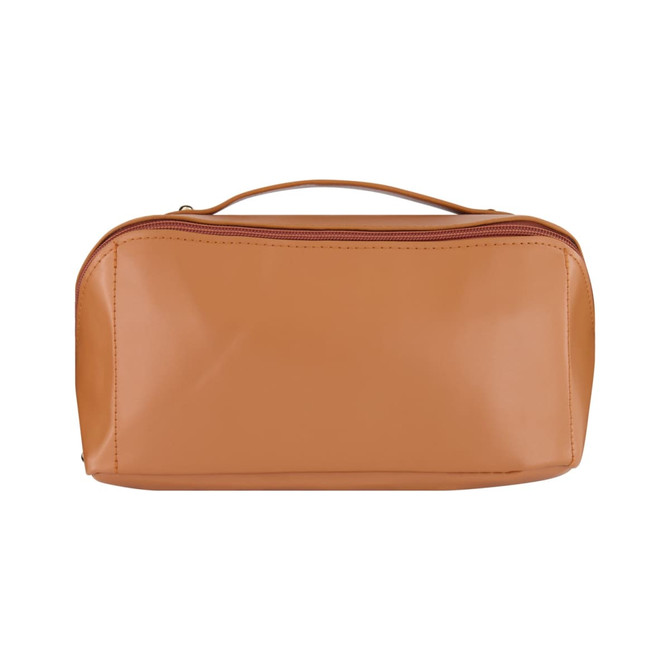 A toiletry bag in a tan colour with a zip closure and a carrying handle. Features a logo on the side.