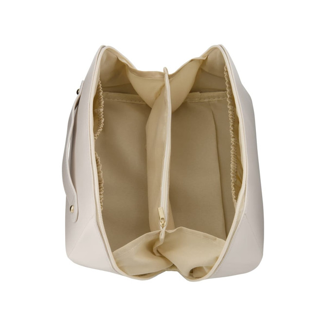 A beige toiletry bag with a spacious interior featuring two compartments and a zipper closure. It has a logo.