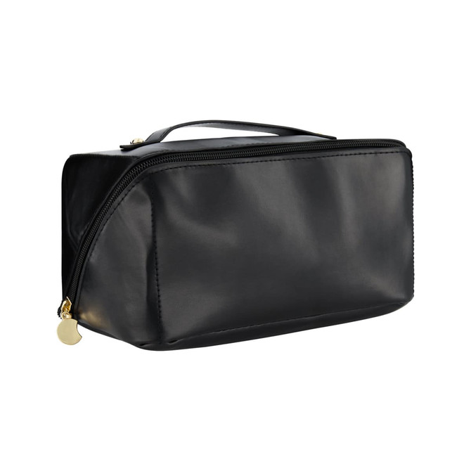 A black toiletry bag with a zip closure and a handle, featuring a logo on one side.