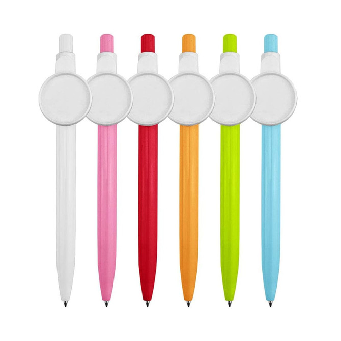 A collection of six plastic pens in white, pink, red, orange, green, and blue, each featuring a round badge.