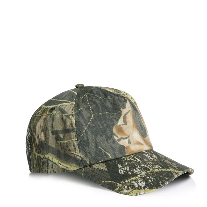 A soft camo cap featuring a green and brown camouflage pattern, with a curved brim and an adjustable back.