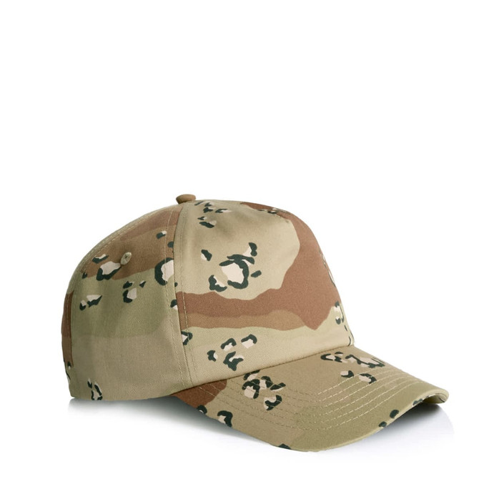 A soft camo cap in shades of green and tan, featuring a camouflage pattern and a curved brim.