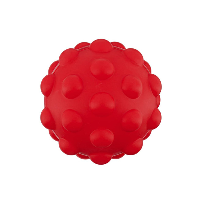 A red rubber ball with a textured surface featuring prominent bumps. It has a logo on its side.
