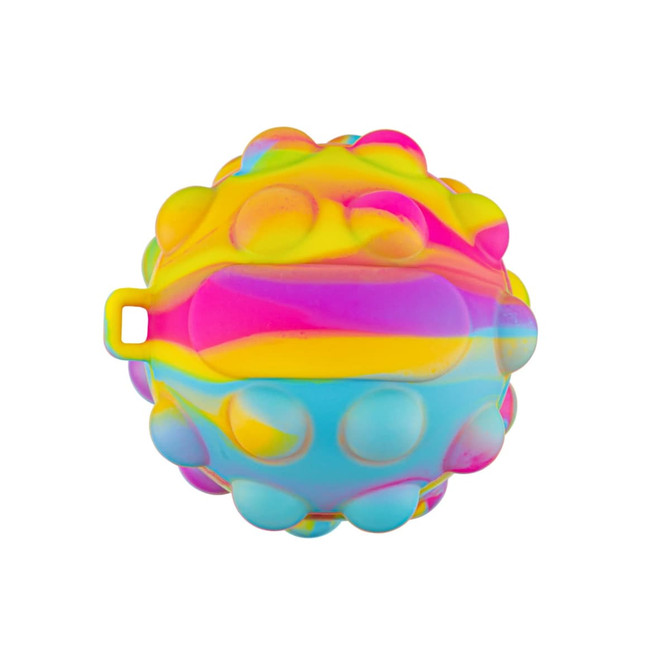 A brightly coloured silicone ball featuring swirls of pink, yellow, and blue with raised dots on the surface.