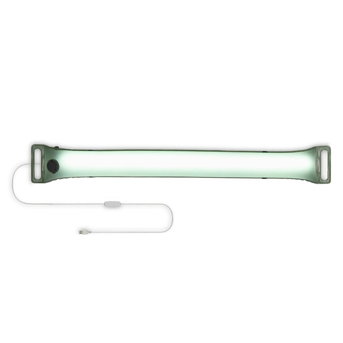 A foldable camp light in green and grey with a USB charging cable attached.
