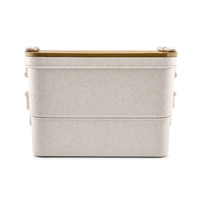 A dual-compartment lunch box in a light beige colour with a wooden top and side handles. It features a simple design and logo.