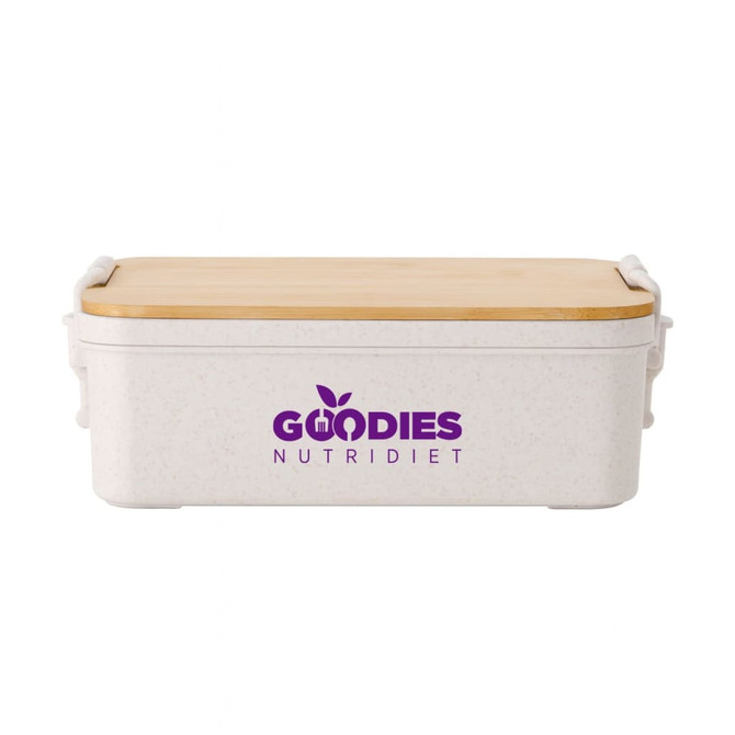 A dual-compartment lunch box in white with a bamboo lid and a logo on the front.