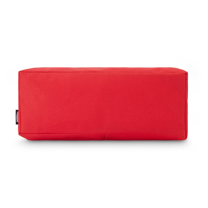 A rectangular red utility case with a textured surface and a logo on one side.