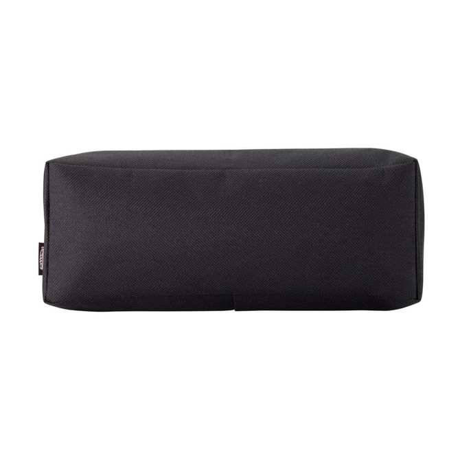 A black utility case with a rectangular shape and a textured surface, featuring a logo on one side.