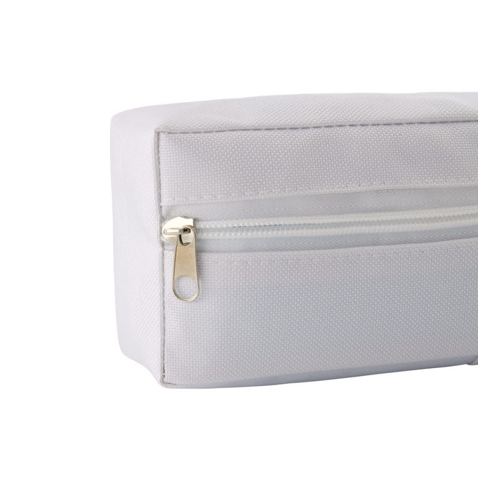 A white utility case with a zippered pocket, featuring a textured fabric surface and sleek design.
