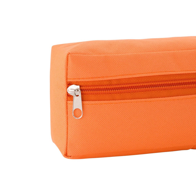 An orange utility case with a zippered compartment, featuring a textured fabric surface.
