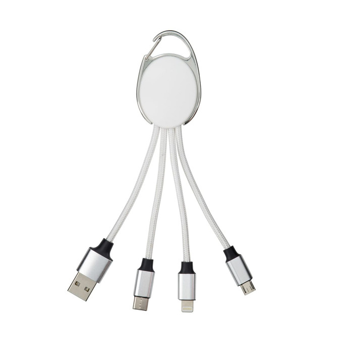 A charging cable with multiple connectors including USB, micro USB, and Lightning, featuring a silver and white design.