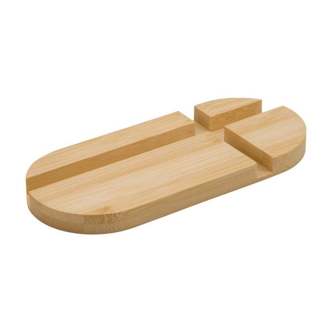 A bamboo phone stand with an oval shape and cut-out sections for stability, featuring a natural wood finish.