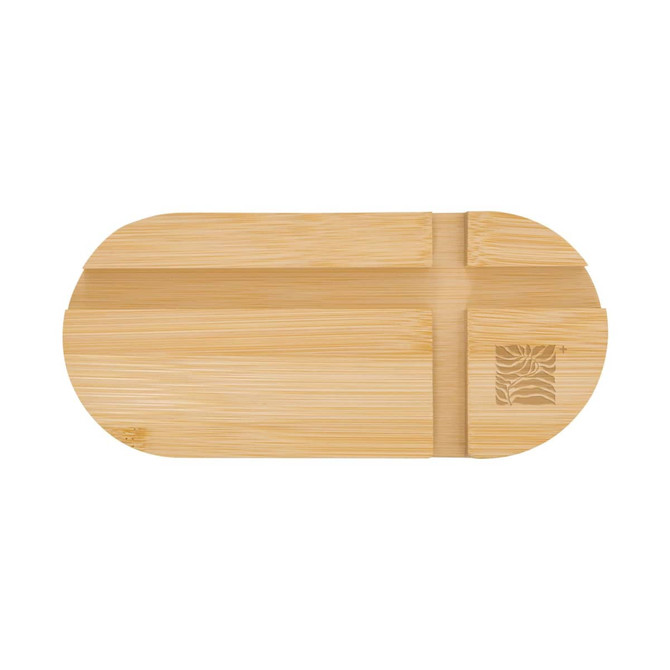 A bamboo phone stand in a rectangular shape with a carved logo, featuring a light natural finish.