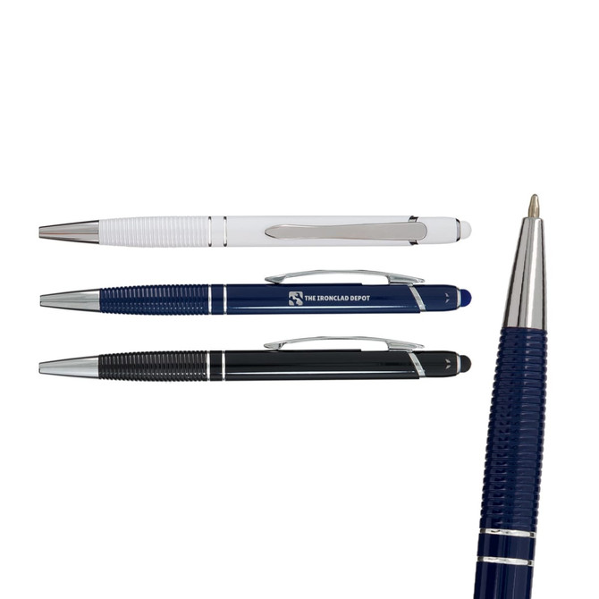 A selection of Saturn Aluminium Pens in white, blue, and black, featuring silver accents and branding.