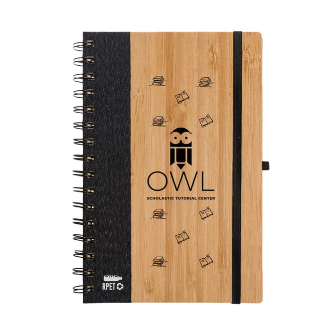 A bamboo notebook with a spiral binding and an elastic closure, featuring an owl design and branding on the cover.