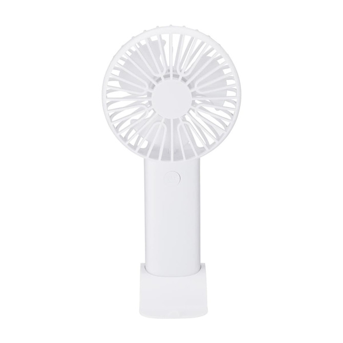 A handheld fan in white, featuring a round grill design and a straight handle, on a stand.