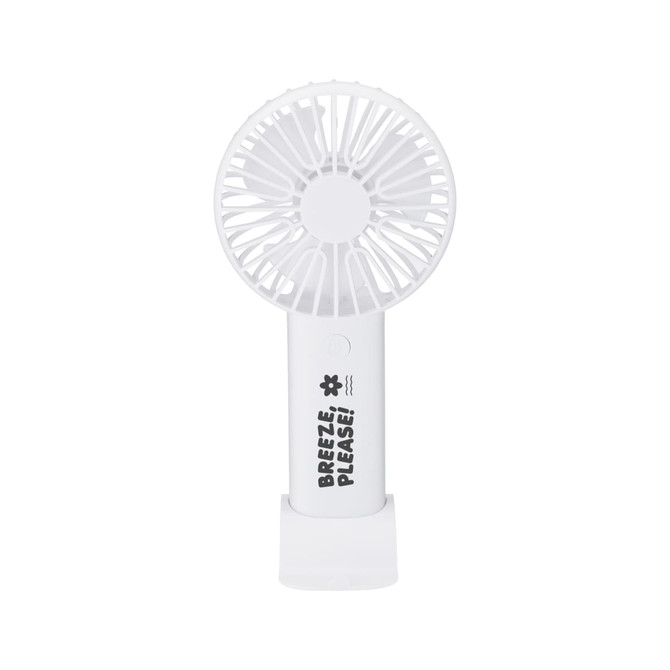 A portable white handheld fan with a sturdy handle and a logo on the base.
