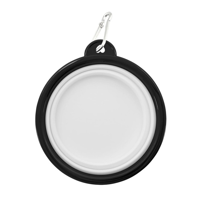 A black collapsible bowl with a white interior and a metal clip attached. It features a branding logo.