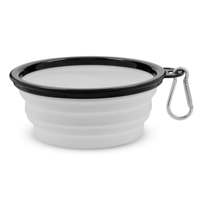A white collapsible bowl with a black rim and a silver carabiner attached. Features a logo on the side.