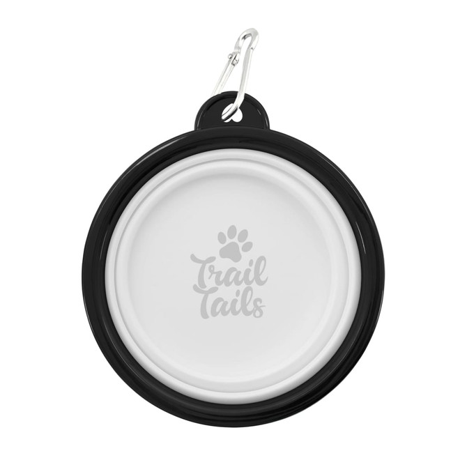 A black and white collapsible pet bowl featuring a logo, with a carabiner for easy attachment.