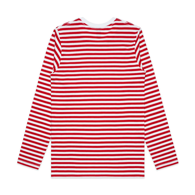 A long-sleeve tee featuring a red and white striped pattern, with a plain back design. It has a logo visible.