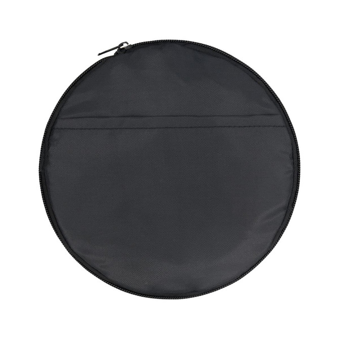 A round, black duffle bag with a zippered closure and a flat pocket on the exterior. Features a logo on the surface.