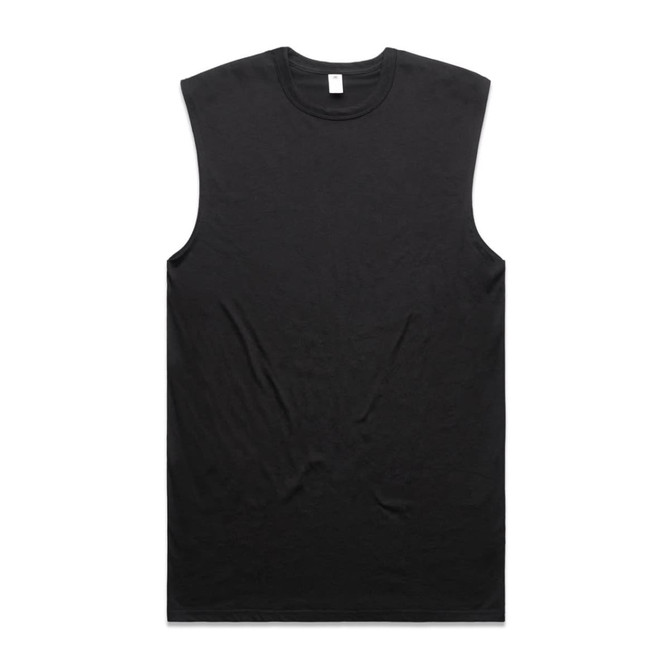 A black sleeveless tank top with a plain design and a label at the neckline, featuring a logo.
