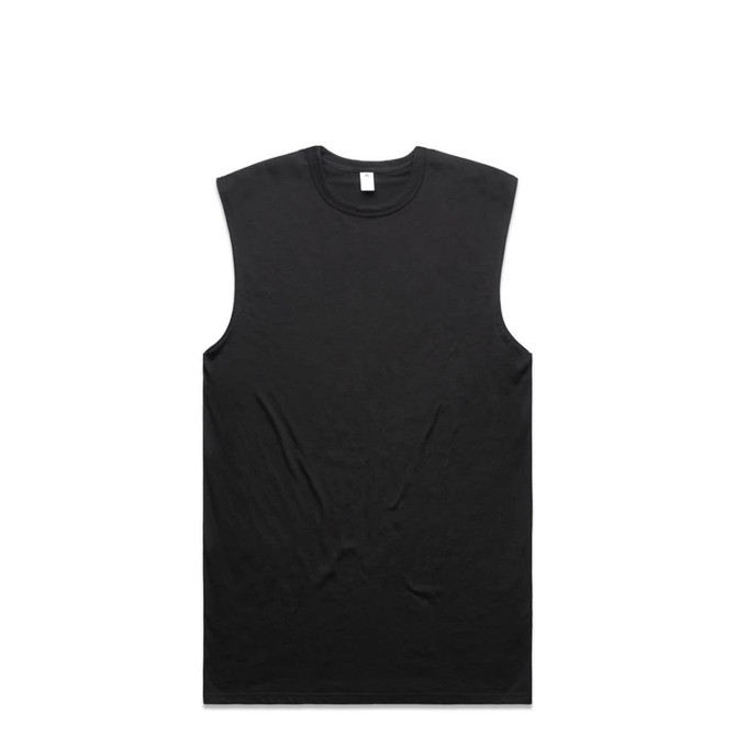 A black sleeveless tank top featuring a simple design and a small logo on the back.