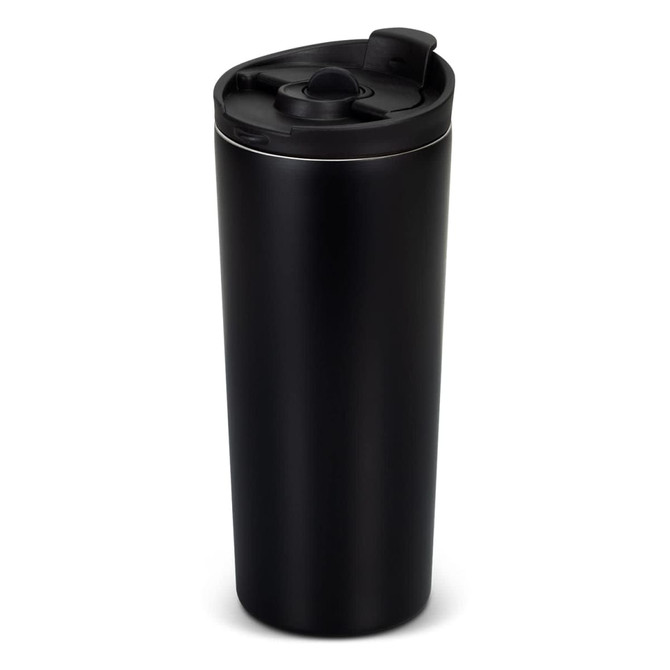 A drink bottle in a sleek black finish with a screw-top lid and a built-in straw. It features a logo on the side.