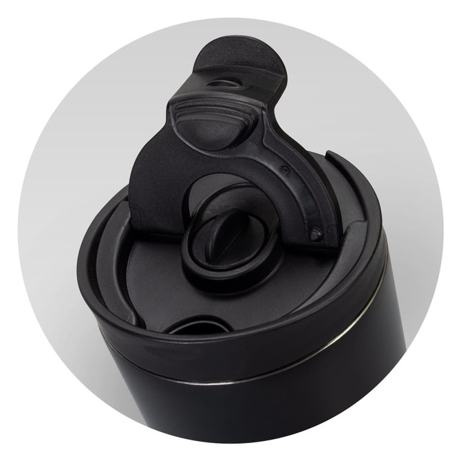 A drink bottle in matte black with a black lid featuring a spout and a flip-top design. Includes a logo.