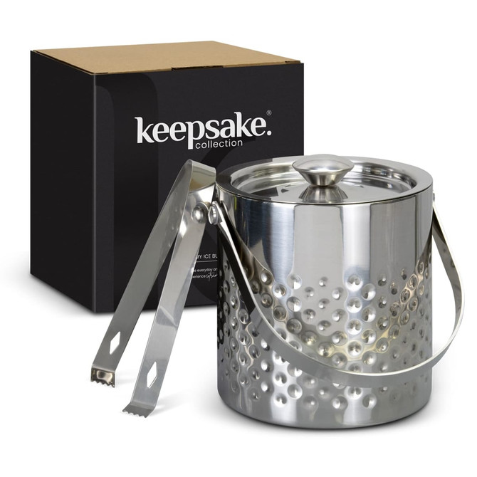 A sleek silver ice bucket with a dotted design, accompanied by tongs, packaged in a black box featuring a logo.