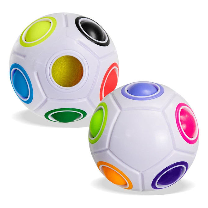 A fidget puzzle ball featuring a white design with colourful buttons in green, blue, red, yellow, and purple.