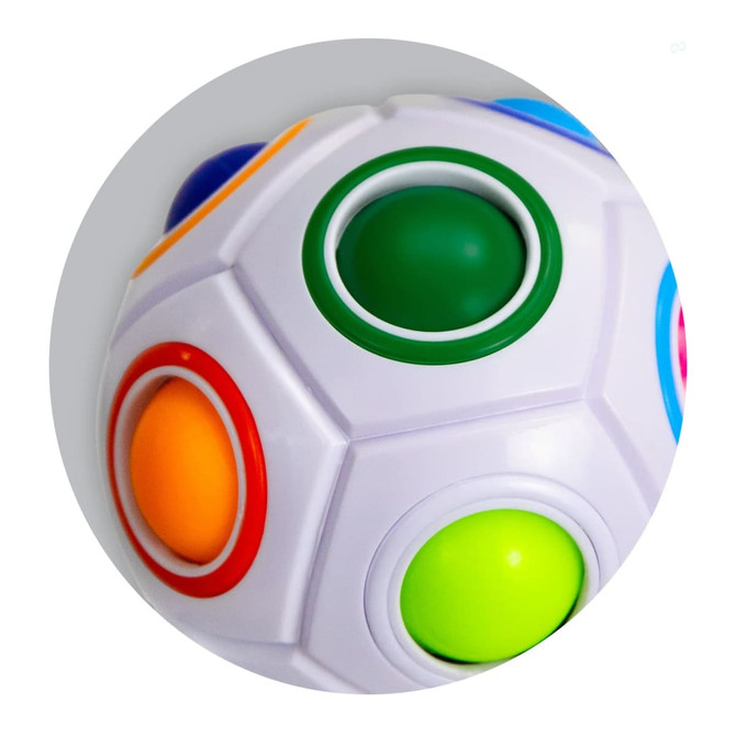 A fidget puzzle ball featuring vibrant colours like orange, green, blue, and red, with a smooth, white surface and logo.