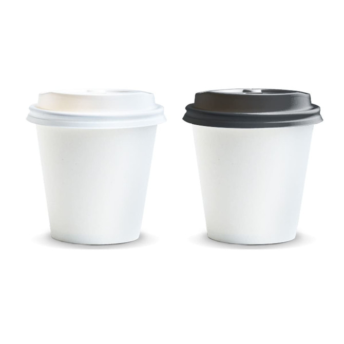 A coffee cup set featuring two 180ml cups, one with a white lid and one with a black lid, both in white.