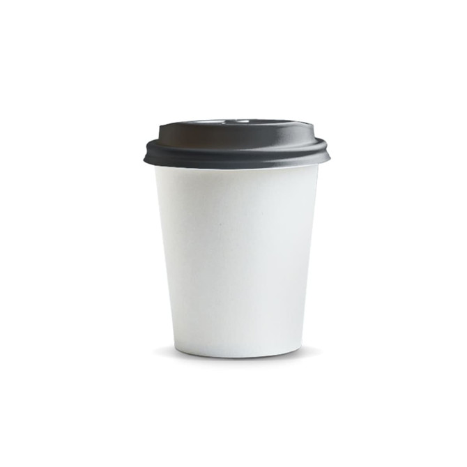 A white paper coffee cup with a black lid, holding 230ml of liquid. The cup features a logo.