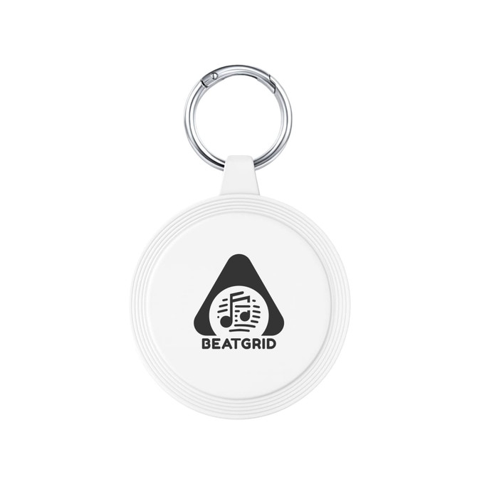 A round white keychain with a silver clip, featuring a music-themed logo in black.