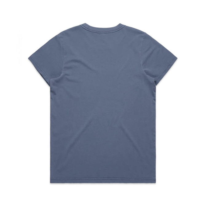 A faded blue T-shirt with a plain back and short sleeves. It features a logo.