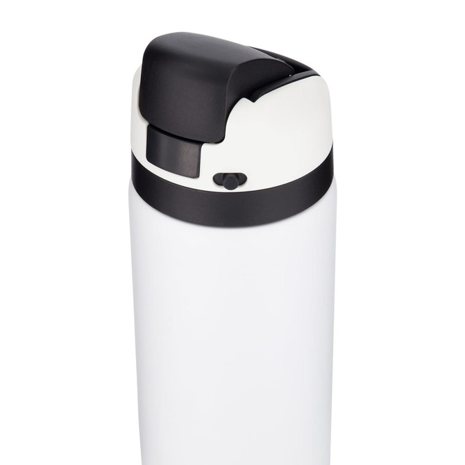A drink bottle in white with a black lid and spout, featuring a sleek design and a logo on the side.