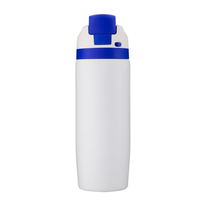 A drink bottle in white with a blue lid and a logo on the front. It features a flip-top spout for easy access.