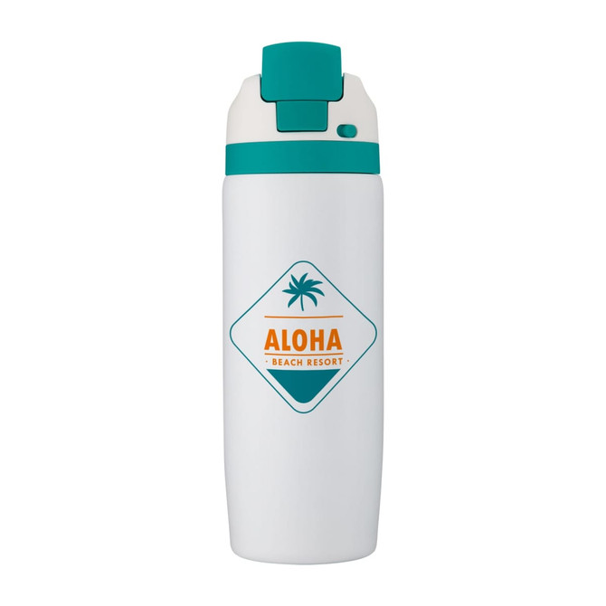 A drink bottle in white with teal accents and a logo featuring a palm tree design.
