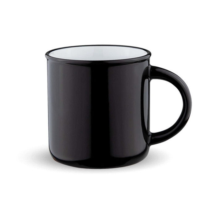 A drink mug in black with a white interior and a sturdy handle. The mug features a logo.