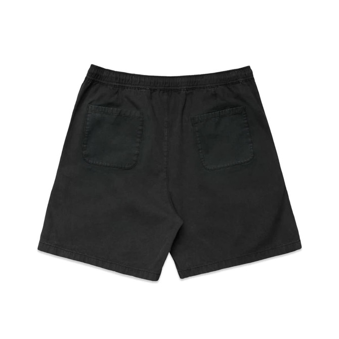 Faded black dress shorts featuring an elastic waistband and two back pockets. Includes a branding logo.
